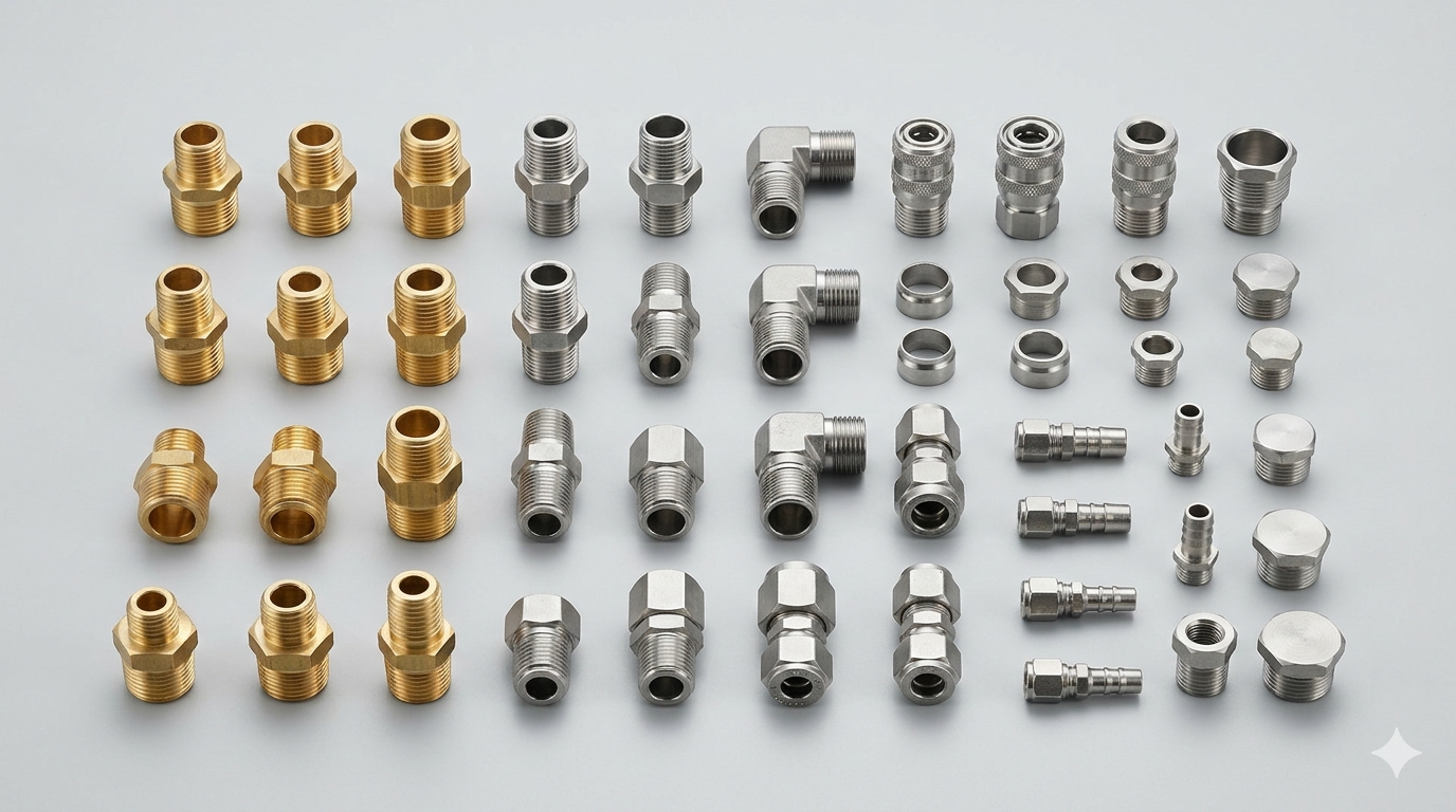 Accesorios y ensambles industriales con adaptadores, conectores y terminales metalicas para integracion de lineas.