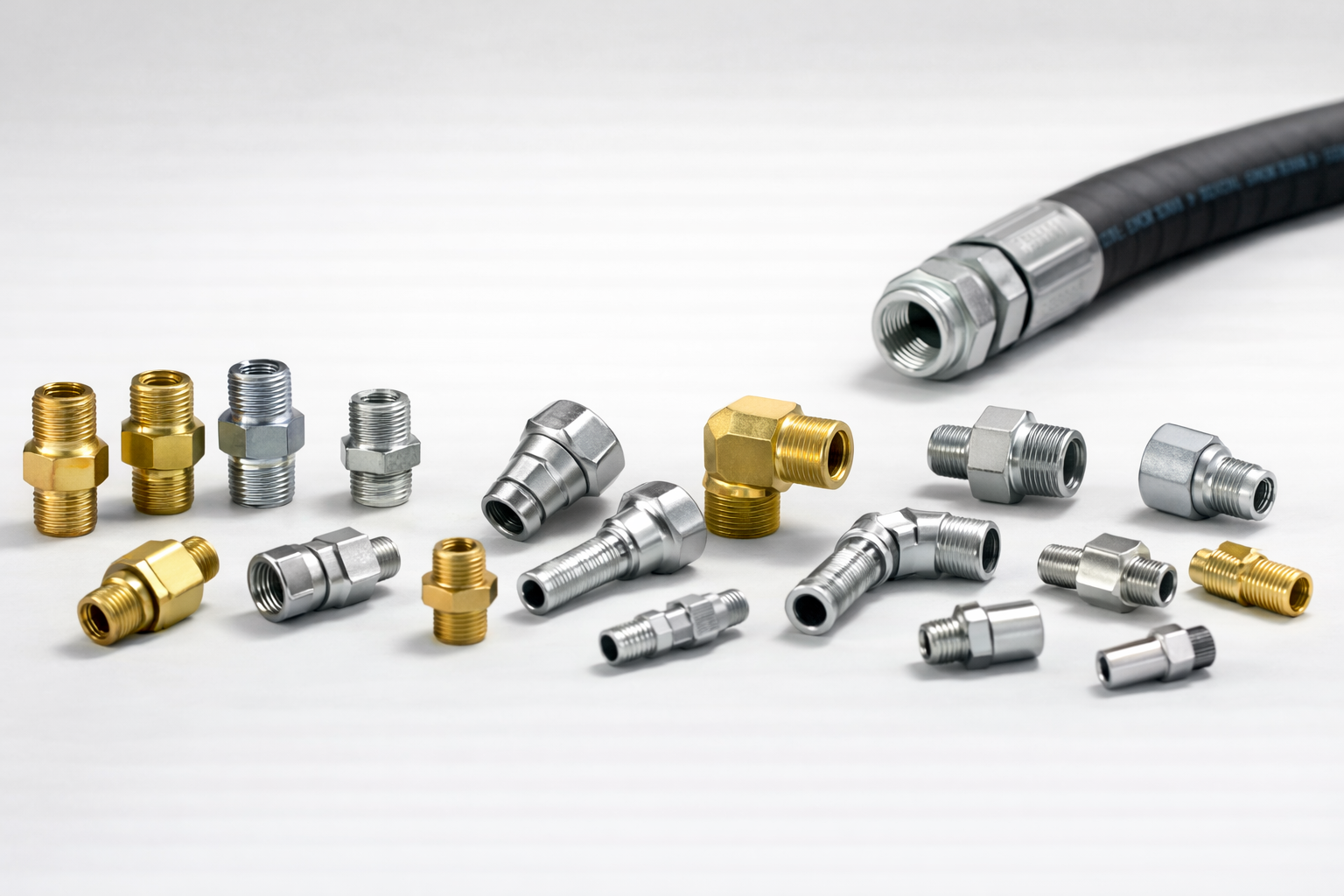 Conexiones industriales con adaptadores, terminales y acoples metalicos para integracion de lineas.