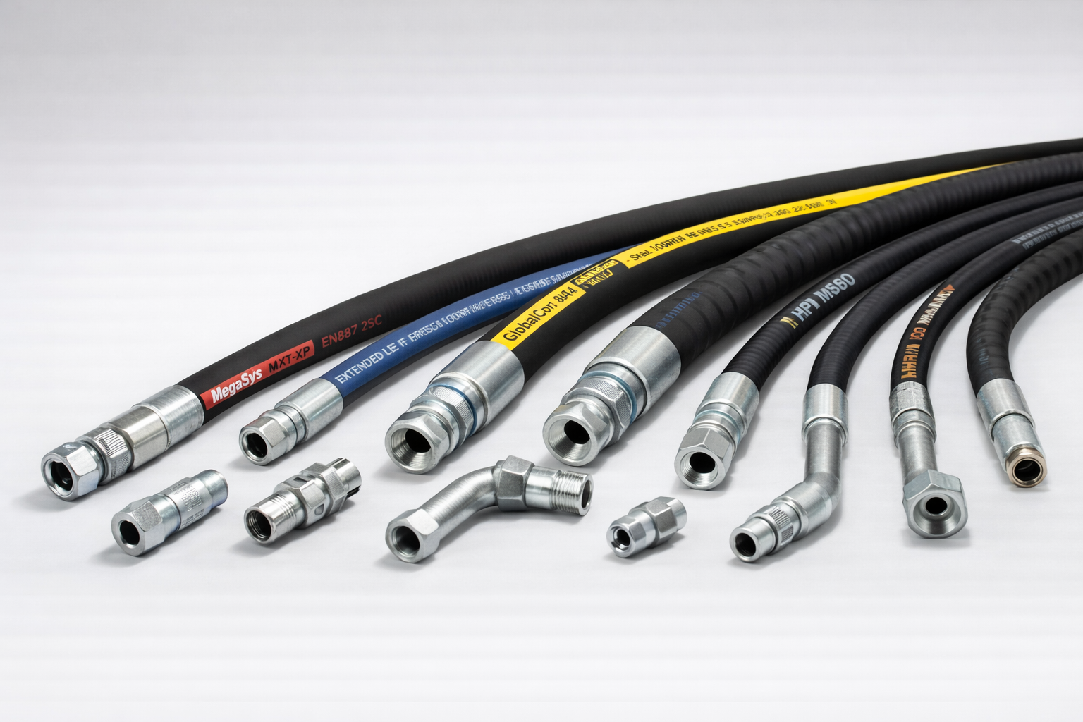 Mangueras hidraulicas con terminales y conexiones metalicas para conduccion industrial.