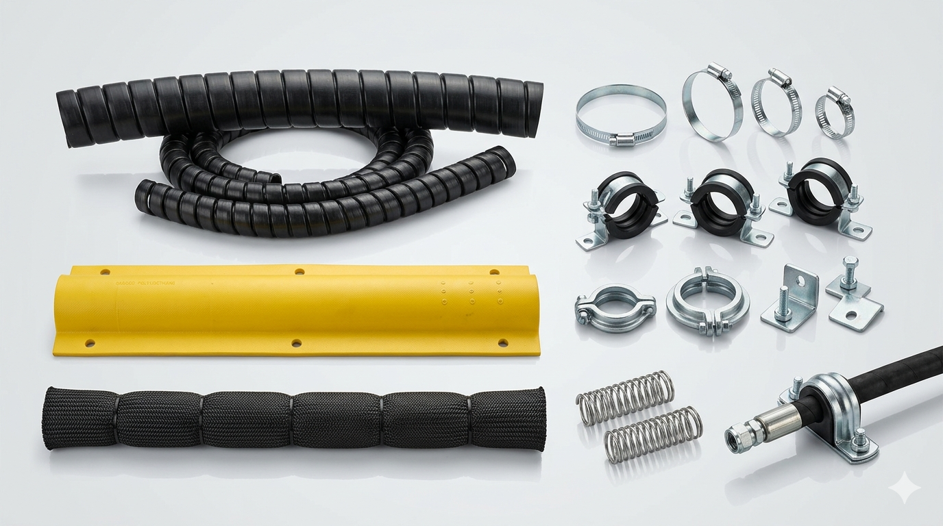 Protección termoplástica para manguera orientada a abrasión y resguardo de líneas.